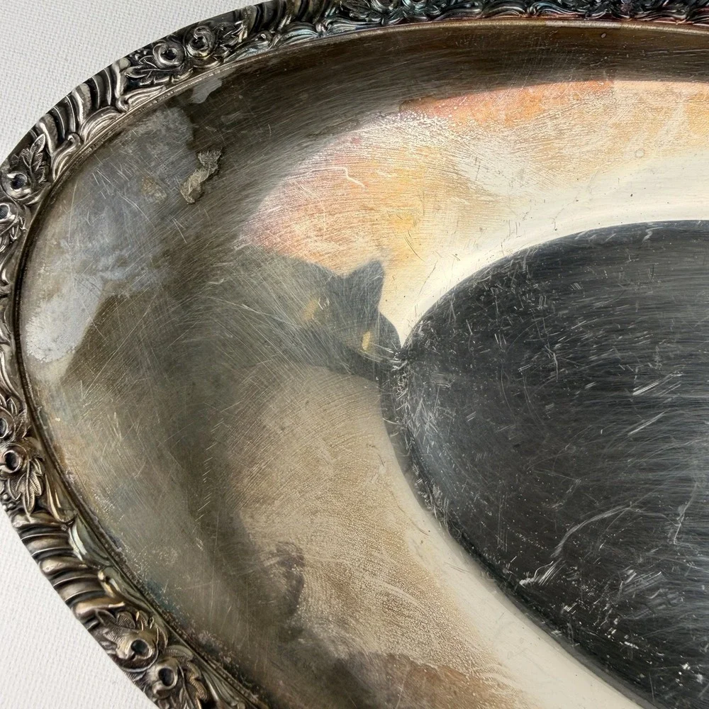 Vintage Silver Plated‎ Oval Serving Tray Rose Rim Victorian Style 13